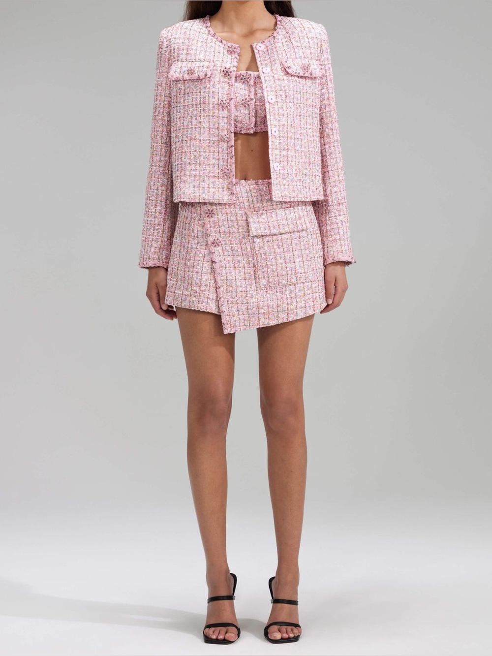 Self-Portrait Boucle Crop Jacket PINK blazer tweed blouse size 2